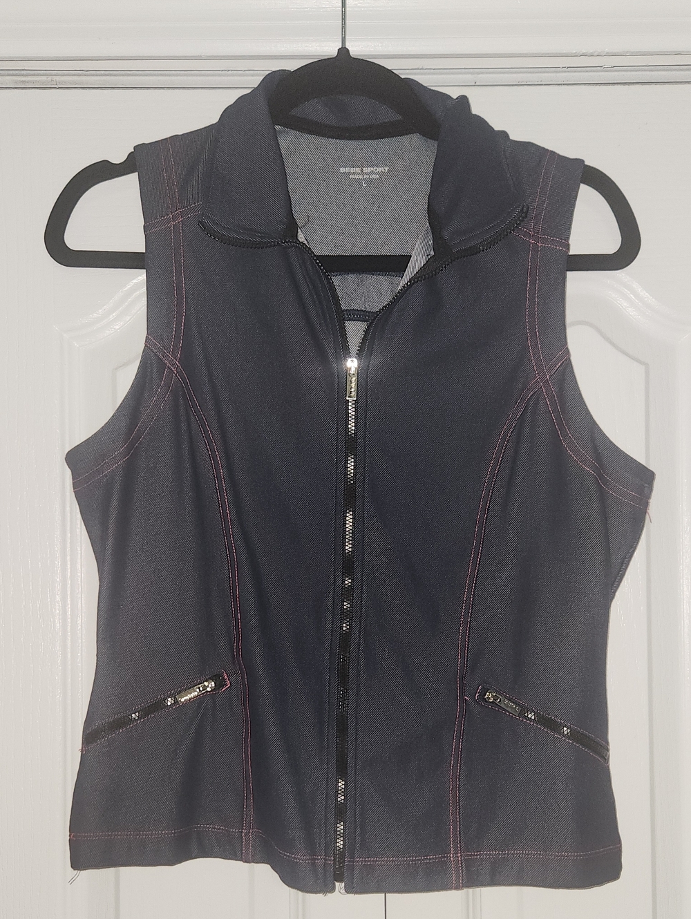 Bebe Denim Sleeveless Full-Zip Vest with Pink Stitching